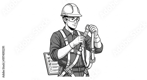 Construction worker wearing safety harness and hard hat.
