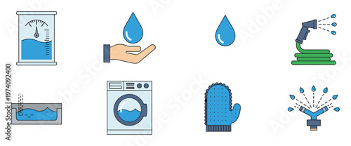 Diverse vector icons depicting water management and various household activities, illustrating domestic water use, gardening, and conservation efforts for educational, service, or