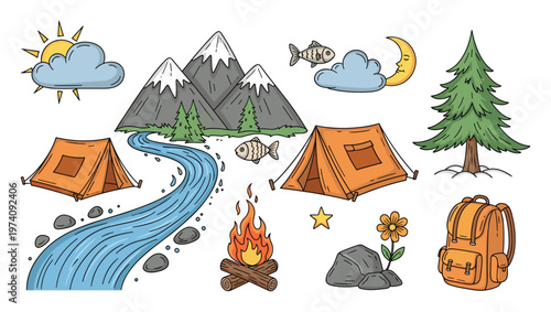 A charming collection of handdrawn camping and nature outdoor adventure elements featuring mountains river tents campfire backpack sun moon for travel and exploration projects