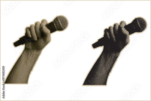 Hand holding microphone pop art halftone collage in retro comic style graphic. Bold dotted vector illustration for music posters and creative ads. Symbolizing communication and energy