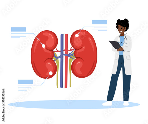 Nephrologist concept. Human anatomy and healthcare banner for urology. African female doctor. Renal disease with medical technology for nephrology. Vector illustration in flat cartoon style.