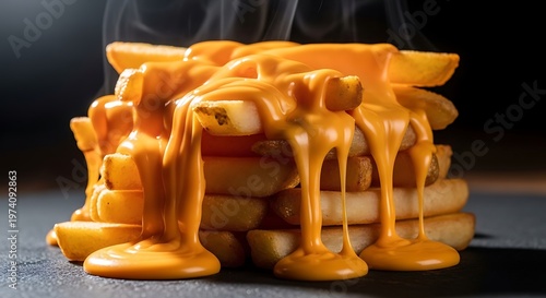Stack of hot crispy french fries drenched in delicious melted cheese sauce.
