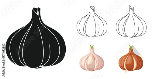 Collection of garlic and onion bulbs in various styles including solid outline and colored versions ideal for food graphic design and culinary themes