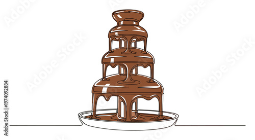 A delicious chocolate fountain continuously flowing rich melted dessert in a stylized single line art drawing perfect for culinary event invitations or sweet treat advertisements