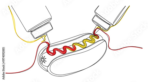 Continuous line drawing showing ketchup and mustard being squeezed onto a classic hot dog in a bun, creating a simple food graphic for menus, fast food advertisements, or culinary