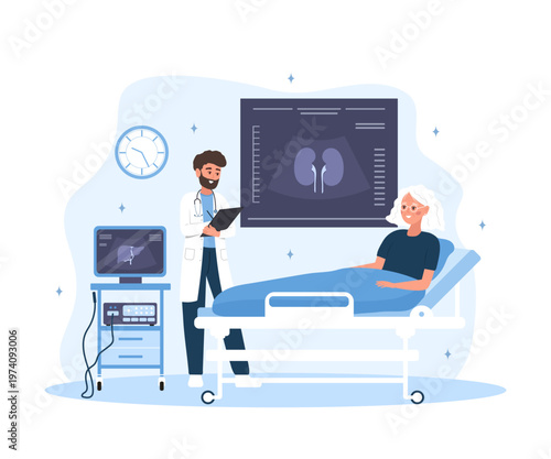 Medical ultrasound for kidney diagnosis and treatment. Male doctor with patient in hospital. Internal organ health check. Anatomy vector illustration in flat cartoon style.