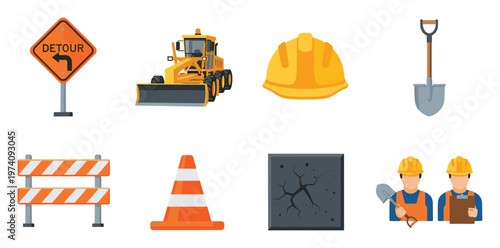 Essential construction and roadwork items detour sign, grader, hard hat, shovel, barrier, cone, and workers are great for depicting infrastructure and safety plans.
