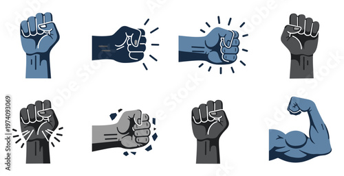 Dynamic collection of powerful human fist gestures and a strong flexing arm, symbolizing protest, solidarity, and determination, ideal for conveying messages of strength and social activism