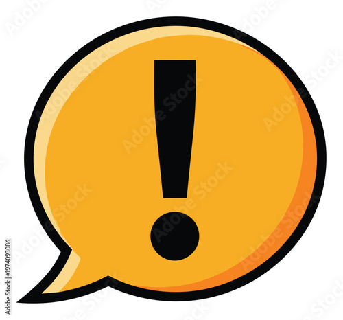 Bold yellow speech bubble with a black exclamation mark conveying a critical alert or important message for attention grabbing notifications and warning signs