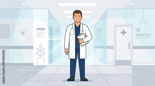 A professional male doctor stands confidently with his stethoscope and clipboard, ready to provide medical care. This Flat Design illustration emphasizes trust and expertise in healthcare.
