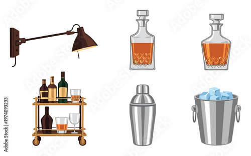 Elegant home bar accessories collection featuring sophisticated decanters with spirits, a practical serving cart with bottles and glasses, and essential cocktail making equipment for