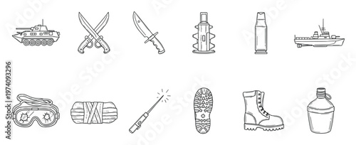 Comprehensive collection of military and survival gear icons in outline style ideal for graphic design projects game assets or web interface development
