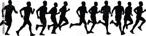 Group of male runners silhouettes showing different running stride stages