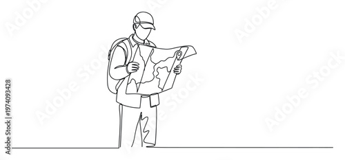 Minimalist continuous line drawing of a traveler wearing a cap and backpack, meticulously studying a geographical map for an upcoming journey, perfect for adventure planning and discovery