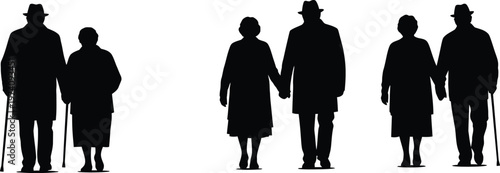 Elderly couples silhouettes with canes and holding hands on white background