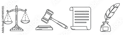 Line art collection of law and justice symbols featuring balance scales, a judges gavel, a legal document scroll, and a quill pen with inkwell, ideal for judicial presentations, legal