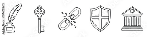 Outline illustrations of justice, security, and liberty icons including a quill, old key, shattered link, shield, and classic building for historical or legal graphics.