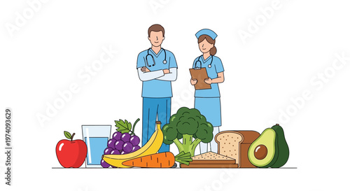 Male and female healthcare workers standing.