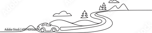 Continuous one line drawing road trip concept. one line art icon drawing vector