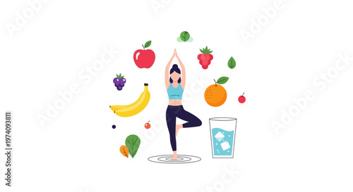 Woman doing yoga with fruit around.
