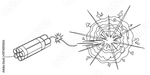 Dynamic single line drawing of dynamite sticks with a lit fuse connecting to an explosive burst, perfect for illustrating danger, power, or impact concepts in various media projects