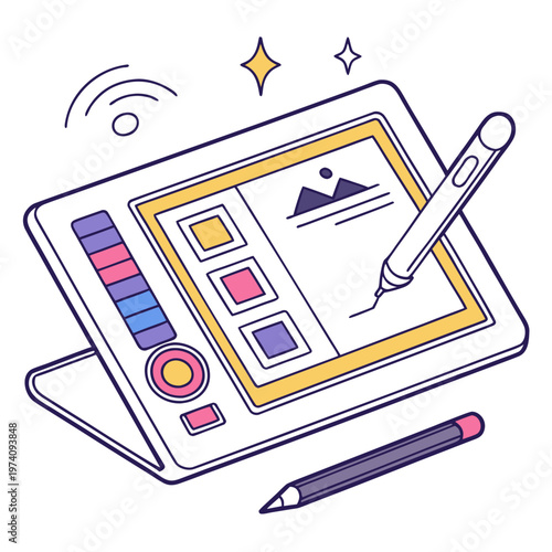 Digital drawing tablet and stylus pen used for graphic design and digital art creation with icons and colorful buttons for creative workflow.
