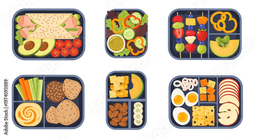 Assorted Healthy Kids Lunch Trays Food.