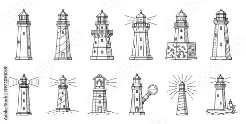 Diverse collection of hand drawn lighthouse outline sketches symbolizing nautical navigation safety and maritime guidance for ocean themed travel advertising and coastal project designs.