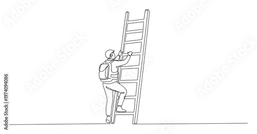 Determined individual wearing a backpack and helmet ascending a tall ladder representing career development and personal growth suitable for presentations and inspirational projects