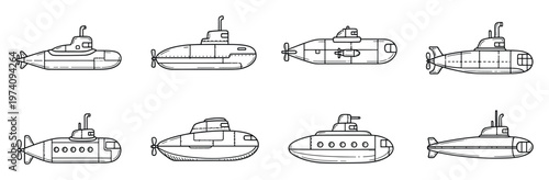 Various submarine vessels presented as a comprehensive line art collection for diverse transportation, naval, or educational graphic resource applications