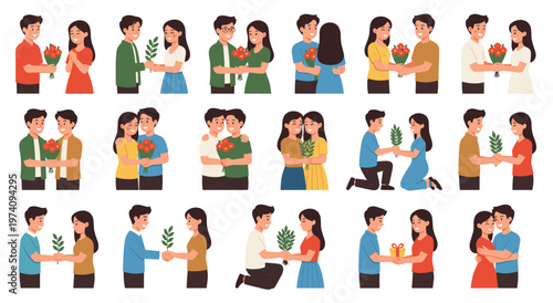 Collection of various diverse couples in love sharing romantic moments. Characters holding flowers and hugging or proposing with presents. Cute flat style illustrations of boyfriend and girlfriend.