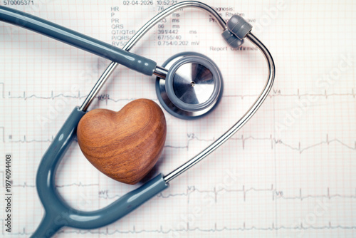 Canvastavla wooden heart and stethoscope on electrocardiogram paper (ECG), heart waves, heart failure, ECG report, medical and healthcare background with life line