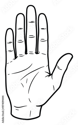 Black and white line drawing of an open human hand with fingers spread, ideal for educational materials, visual instructions, or graphic design projects requiring a clear anatomical