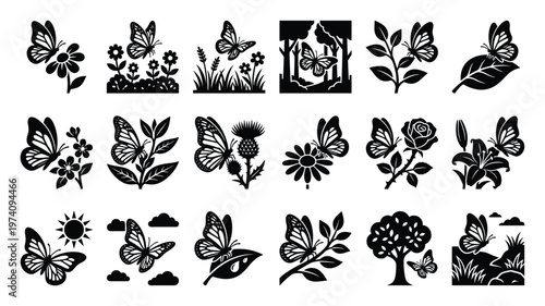 Versatile collection of black silhouette butterflies and floral nature elements ideal for graphic design projects, spring themed decorations, or laser cutting applications.