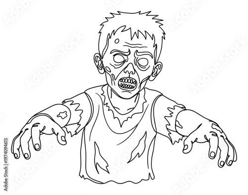 Black and white line drawing of a scary zombie character with outstretched arms and ripped clothes, perfect for Halloween party invitations, horror themed designs, or childrens coloring