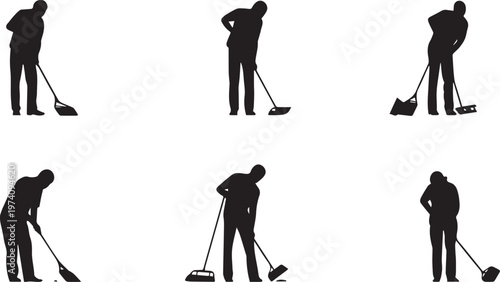 Silhouette of a person sweeping the floor with a broom and dustpan in various poses