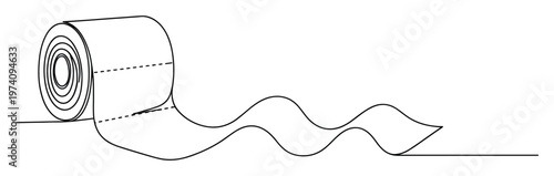 Continuous line drawing of a roll of material smoothly unrolling onto a surface, creating wavy folds, perfect for industrial production presentations or craft project advertisements.