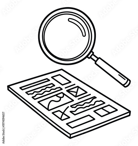 Magnifying glass examining a structured document with text and visual elements symbolizing thorough research, data analysis, and content review for business or educational use
