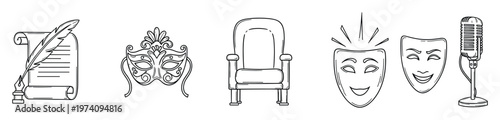 Performing arts and entertainment themed icon collection depicting scroll, quill, masquerade mask, armchair, theater masks, and vintage microphone for creative projects and media