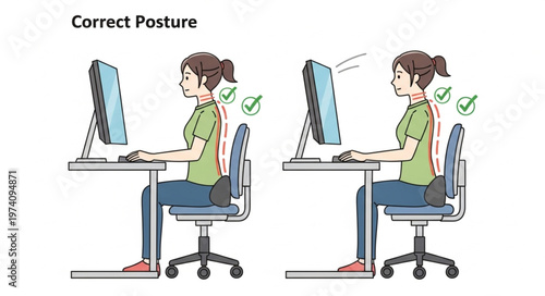 Correct posture illustration for computer work, showing good and bad positions.
