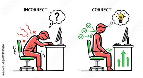 Correct Posture vs Incorrect Posture at Computer Desk.