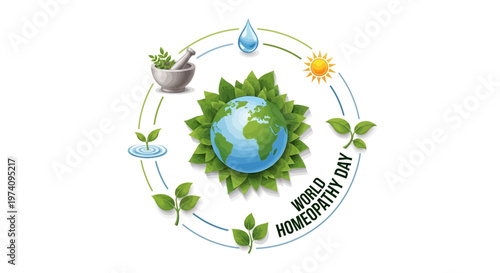 An illustrative vector design promoting World Homeopathy Day features a globe encircled by green leaves, symbolizing natural healing and holistic therapy, complemented by icons of herbal