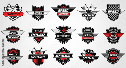 Collection of Racing Emblems and Badges with Checkered Flags and Wings.