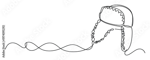 Continuous line drawing of a warm winter ushanka fur hat with ear flaps, perfect for cold weather apparel advertisements, minimalist graphic design, or winter season accessory promotions.