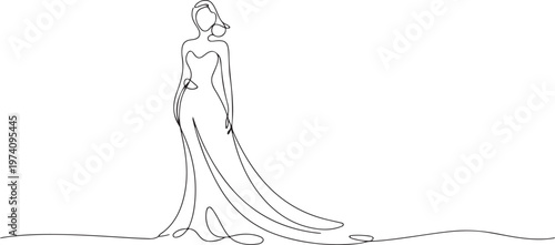 Beautiful woman in long flowing dress in continuous line art drawing style. Girl wearing luxury evening or bridal gown. one line art icon drawing vector