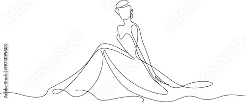 Beautiful woman in long flowing dress in continuous line art drawing style. Girl wearing luxury evening or bridal gown. one line art icon drawing vector