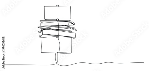 Continuous line drawing portraying an unstable stack of books or boxes, embodying the journey of learning and knowledge acquisition, suitable for academic or educational resource promotion.