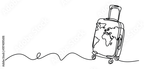 Stylized one line drawing of a rolling suitcase adorned with a world map, representing exploration and journeys, useful for travel agency advertising or vacation themed content.