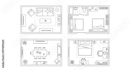 Four Room Layouts - Living Room, Bedroom, Dining Room, and Master Suite.