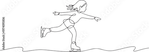 continuous line drawing of young girl playing ice skating in the ice area isolated on white background. one line art icon drawing vector